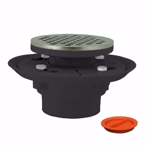 Picture of 2" x 3" PVC Shower Drain with 2" PVC Spud and 4" Round Chrome Plated Cast Strainer with Test Plug