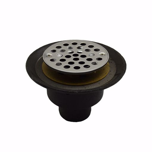 Picture of 2" No Hub Shower Drain with Brass Threaded Clamping Ring with Brass Spud, 6-1/2" Pan and 4" Stainless Steel Round Strainer