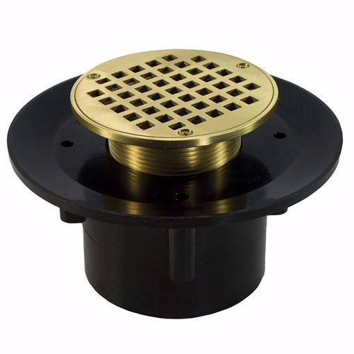 Picture of 3" x 4" Heavy Duty ABS Slab Drain Base with 3-1/2" Metal Spud and 9" Polished Brass Strainer