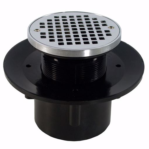 Picture of 4" Heavy Duty ABS Slab Drain Base with 3-1/2" Plastic Spud and 6" Chrome Plated Strainer with Ring