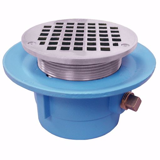 Picture of 3" No Hub Code Blue Slab Drain with 7" Pan and 6" Chrome Plated Round Strainer - Height 4" - 5-3/8"
