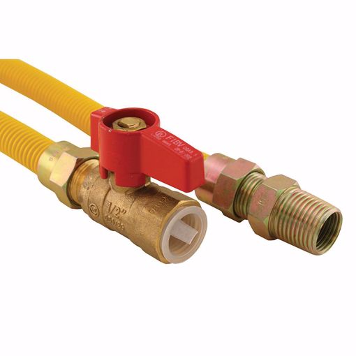 Picture of 3/8" OD (1/4" ID) X 48" Long, 3/8" Male Pipe Thread X 1/2" Female Pipe Thread Ball Valve, Yellow Coated Corrugated Stainless Steel Gas Connector Assembly