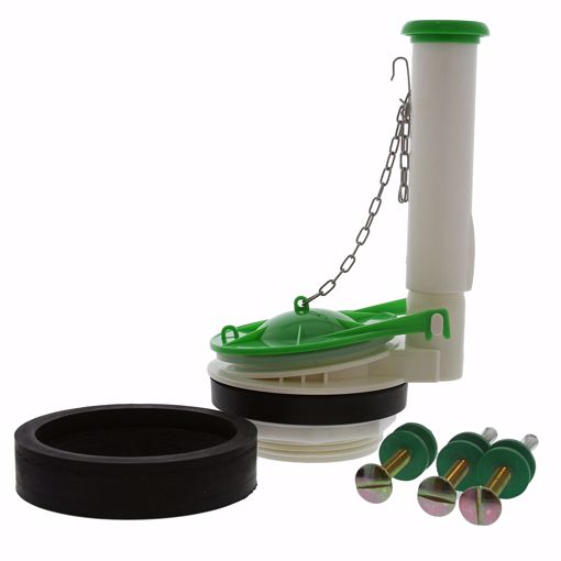 Picture of 3" Plastic Flush Valve with Adjustable Overflow Tube and Flapper, 3" Tank to Bowl Gasket, and Brass Plated Tank to Bowl Bolt Set