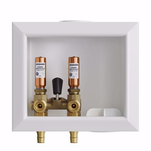 Picture of Washing Machine Box, Quarter Turn Right Outlet with Single Lever Valve and Water Hammer Arrestor, 1/2" PEX F1960 Connection