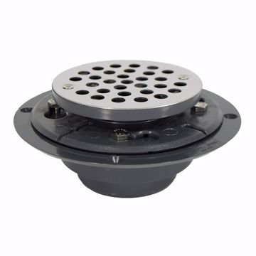Picture of 2" x 3" PVC Perfect Low Profile Drain with 2" PVC Spud and Round Stainless Steel Strainer, Primer Tapped