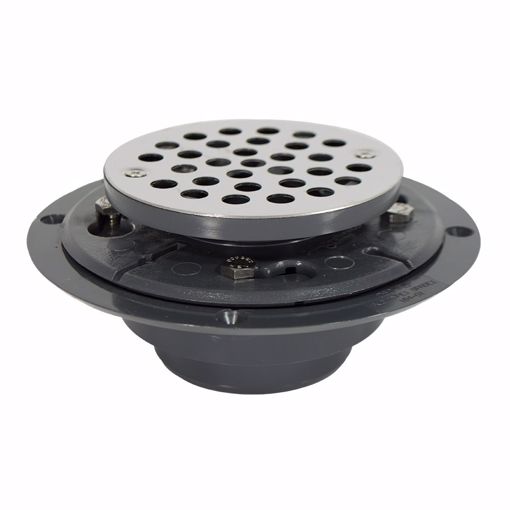 Picture of 2" x 3" PVC Perfect Low Profile Drain with 2" PVC Spud and Round Stainless Steel Strainer, Primer Tapped