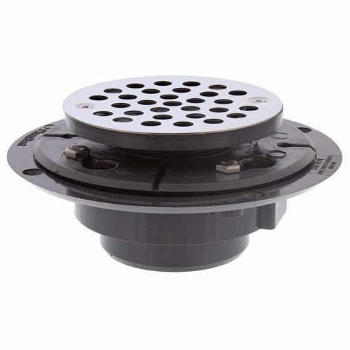 Picture of 2" x 3" PVC Perfect Low Profile Drain with 2" PVC Spud and Round Stainless Steel Strainer