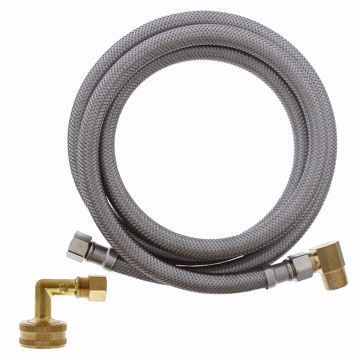 Picture of 3/8" Compression x 3/8" Compression x 60" Braided Stainless Steel Dishwasher Connector with 3/4" Female Garden Hose Thread with 90° Elbow Fitting and 3/8" MIP 90° Elbow