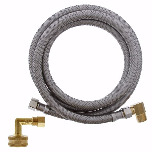Picture of 3/8" Compression x 3/8" Compression x 60" Braided Stainless Steel Dishwasher Connector with 3/4" Female Garden Hose Thread with 90° Elbow Fitting and 3/8" MIP 90° Elbow